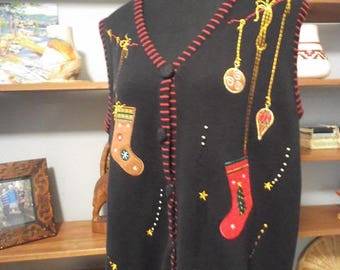 Vintage Christmas Cardigan Sweater Vest ~ Women's XL ~ Stockings Ornaments