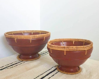 Vintage Indonesian Terracotta Woven Rattan Bowl