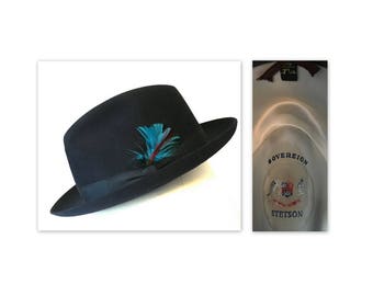 Vintage 60s Stetson Fedora 7-1/4 Dark Blue with Feathers