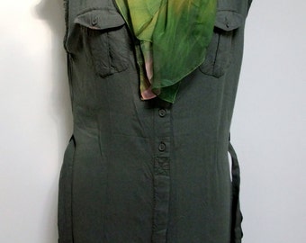 Safari Dress Work Dress, Bottle Green Front Button Closure Dress, Khaki Shift Military Pencil Dress Casual Workwear Travel Dress