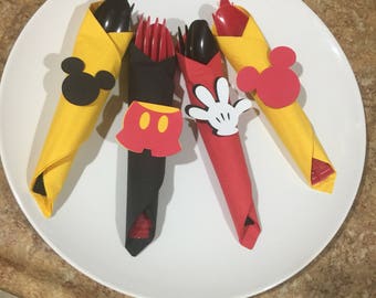 Mickey mouse birthday party cutlery. Wrapped utensils, Mickey mouse party supplies, Napkins with cutlery.Mickey party decor