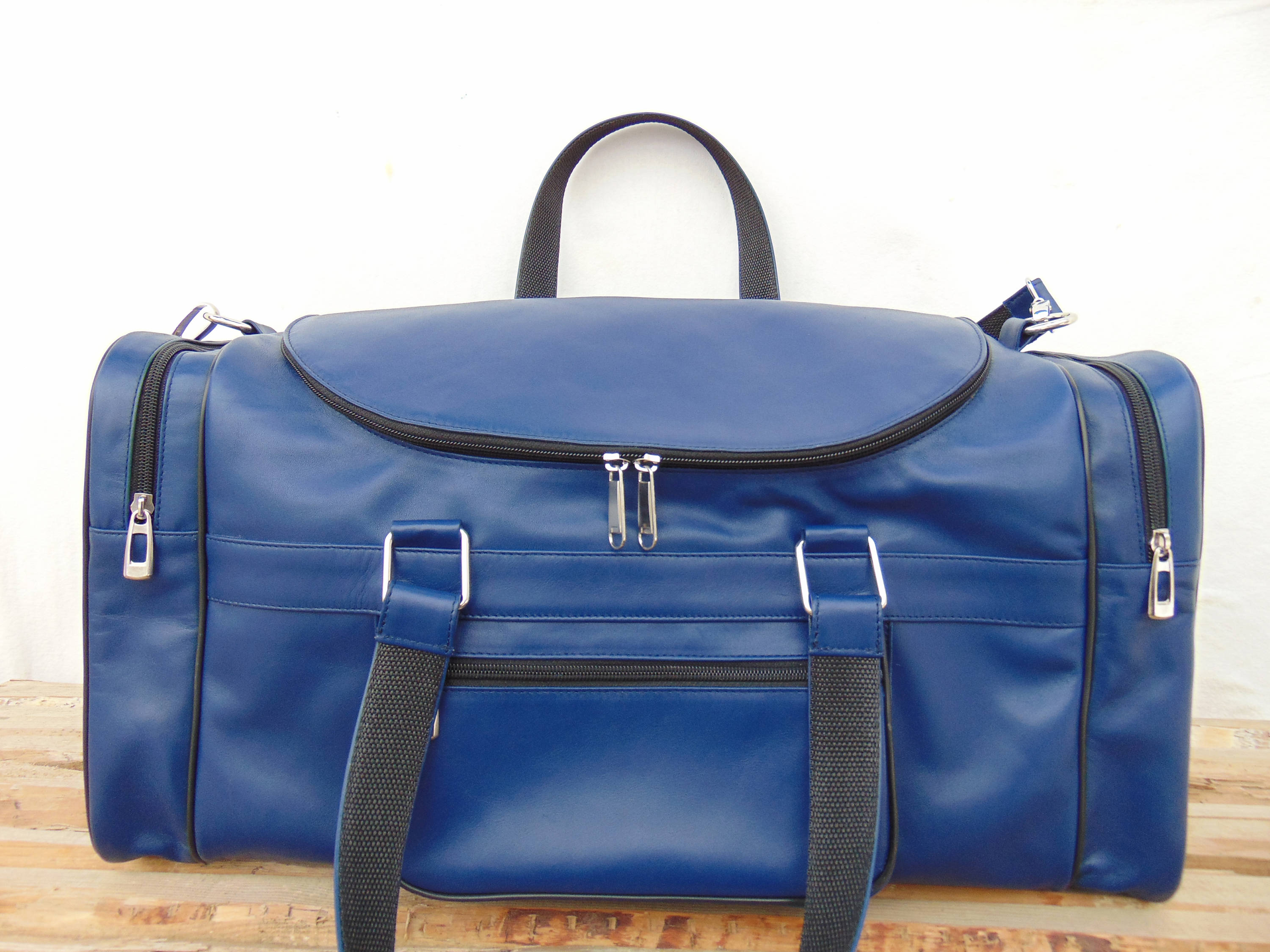 Dark Blue Leather Duffel Bag Personalized Monogrammed Bag