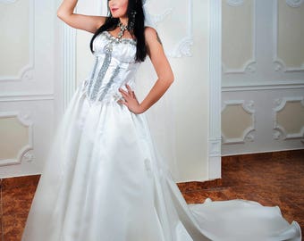 Wedding Bohemian Long White Skirt With Long Train Wedding Gown Queen Ball Gown And Sexy Glamorous Corset With Crystals
