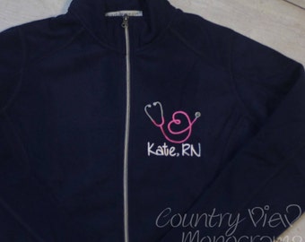 Women's stethoscope fleece jacket- Loop heart shaped stethoscope- YOUR choice of colors and fonts- Light or Heavy Weight Fleece Options
