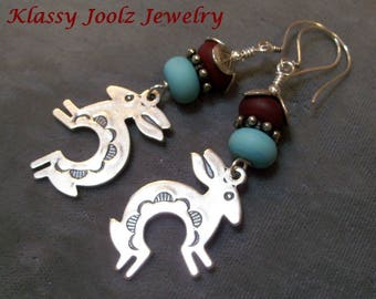Sterling Silver Tribal Rabbit Charm-Glass Lampwork Beaded Earrings-Artisan Earrings-Artisan Lampwork-Organic-Tribal-Bohemian-Earrings-SRAJD