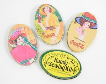 Coca Cola Promotional Sewing Kit - Handy Sewing Kit Giftco Miniature Tin Made in Hong Kong Coke Products Advertisement Metal Lady Victorian
