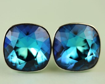 Bermuda Blue Crystal Stud Earrings, Swarovski 10mm Cushion cut square sterling silver post earings, gift for her under 25 dollars, art4ear