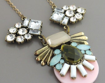 Statement Necklace - Bib Necklace - Rhinestone Necklace - Pink Aquamarine Necklace - Upcycle Necklace - handmade