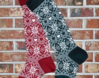Personalized Knit Christmas Stocking, 100% Wool - Snowflakes & Hearts - CRANBERRY