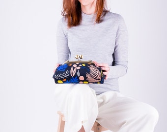 Colorful Clutch Purse, Evening Clutch, Kiss Lock Purse, Minimal Floral Clutch handbag, Metal Frame Purse, Clutch with strap, Gifts for her