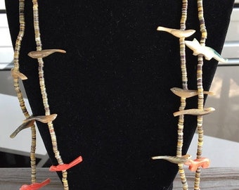 SP18 Vintage Native American Southwestern Double Stranded Animal Bird Fetish Necklace with Heishi Beads