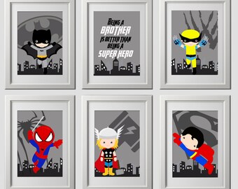 superhero logo wall art prints, PRINTED set of 6, superhero nursery or bedroom wall art, 6 high quality prints, superhero wall art prints