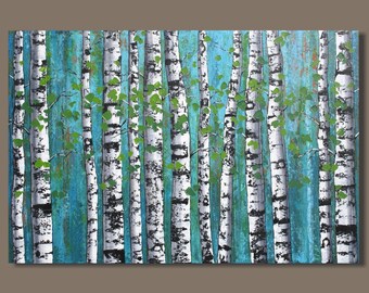 large abstract birch tree painting, birch tree forest, blue green, birch trees, 24x36, landscape painting, quaking aspens wall art on canvas