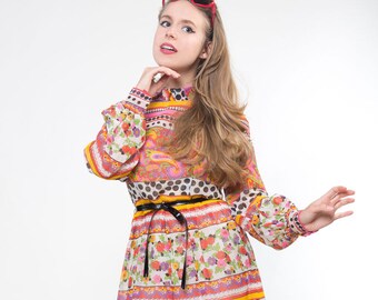 Early 70s Paisley Polka Dot Floral Gauze Dress with Slip and Belt S