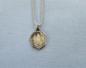 Silver Antique Our Lady of Lourdes Religious Medal - Virgin Mary Necklace - French Religious Medal - Religious Jewelry - Catholic Gifts