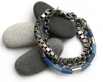 Antique African Fulani Ceremony Bead Sterling Silver Box Chain Rolo Multichain Bracelet Blue Adjustable Size Swivel Clasp