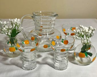 VINTAGE 1950's 1960's, 6 piece Hand Painted ORANGE JUICE Set with 2 Flower Vases