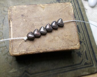 Rustic Metal Beads - 6 Tiny Heart Beads - Dark Oxizided Stylized Hearts - Studded Border, Chubby Lightweight Romantic Spacers
