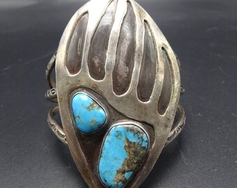 Vintage NAVAJO Sterling Silver Bear Paw & MORENCI TURQUOISE Cuff Bracelet, 72g