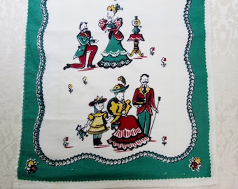 Vintage Kitchen Linens Tea Towel Broderie Victorian Family Green Red White Dish Hand Towel Dish Cloth 1940's 1950's Vintage Linens