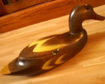 Wooden Duck Decoy, Handmade Painted, Yellow and Blue, 14-1/4"