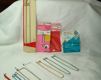 Big Set of Vintage Stitch Holders Cable Stitch Bulky Knit Stitch Holders and Golden Eye Yarn Needles.