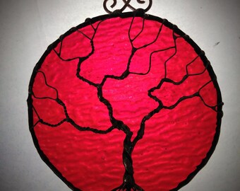 Tree of Life Stained Glass Ornament and Suncatcher Ruby Red Glass and Copper Patina