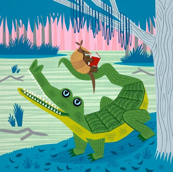 The Alligator and The Armadillo - Animal illustration - Children's Decor - Nursery Art - Children's Poster - Ltd Edition Art Print - iOTA