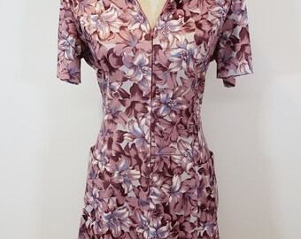 60s Lavender Dusty Rose Graphic Tiger Lily Zip Shift Pleated Pocket Dress