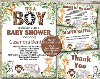 Jungle BOY Safari Baby Shower Invitation set, Editable invite template, Books for Baby, Diaper Raffle & Thank You, jungle animals P88