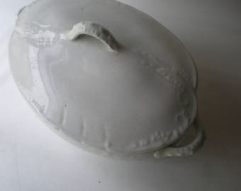 Antique White Lidded Ironstone Covered Casserole Vegetable Dish with Coral Design