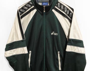 Vintage 1991 Asics Windbreaker Tracksuit Top jacket Sleeve logo Green/White/Black Size L fits L/XL