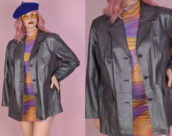 90s Gunmetal Leather Coat/ 1X/ 1990s/ Jacket