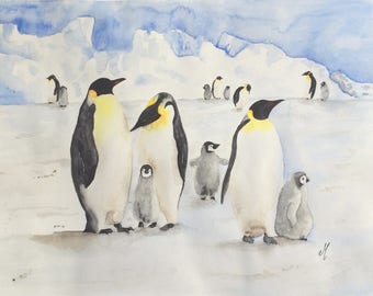 Penguins watercolor art Original watercolor painting Winter art Nature art Animals watercolor Original art Home decor Wall art Gift idea