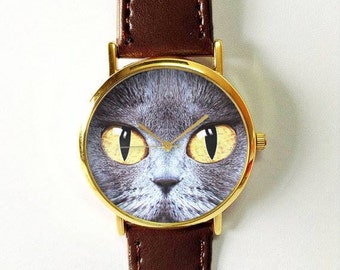 Cat Face Watch , Women Watches, Leather Watch, Mens Watch Boyfriend Watch, Cat Lover, Jewelry, Silver Gold Rose , Unique Watches, Gift