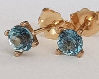 Blue Topaz Stud Earrings, 14k Yellow Gold, December Birthstone, Handmade