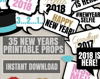 New Years Photo Booth Props, 2018 New years party photo booth printable props, speech bubble photobooth props for new years instant download