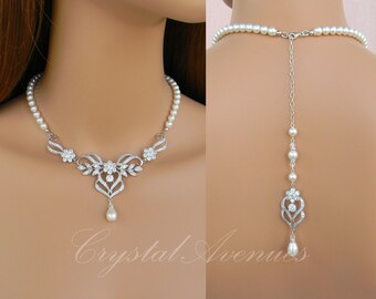 Backdrop Wedding Necklace, Bridal Jewelry, Pearl Wedding Necklace SET, Crystal Bridal Earrings, Swarovski, Kathryn Bridal Jewelry