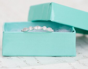 Art Deco Wedding Band - Full Eternity Band - Vintage Style Band - Sterling Silver Band - Marquise & Dot Ring - Stacking Ring - Milgrain Band