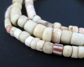 120 Antique White Green Heart Beads - African Trade Beads - Antique Glass Beads - ** (GREEN-HEARTS-203-AH-33)