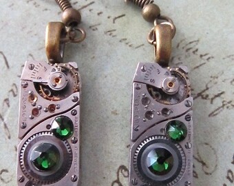 Steampunk - Emerald - Steampunk Earrings - Repurposed art