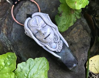 Ancient Goddess Elf on a beautiful Labradorite a fire opal for third eye and moonstone