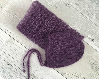 Purple Newborn Prop Bonnet and Stretch Wrap Set, Newborn Swaddle Blanket Set, Knit Mohair Bonnet Set, Knit Newborn Photography Props