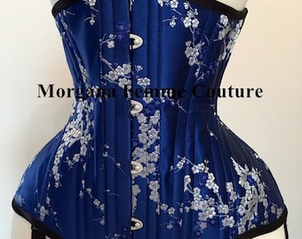 Blue silk brocade underbust custom corset