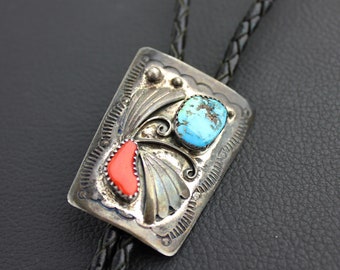 Turquoise Coral and Silver Western Bolo Tie on Black Leather Cord