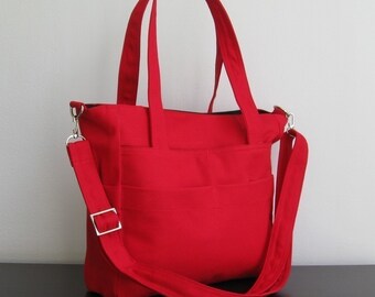 Sale - Red Cotton Canvas Bag, shoulder bag, tote, messenger, diaper, everyday bag - TRACY