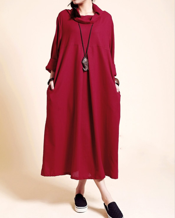 dark red Heap collar Linen long dress loose Spring women long