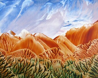 5X7 Blue Skies From Now On - Encaustic Original Painting. Wax Painting. SFA (Small Format Art) Landscape. Blue. Brown. Green