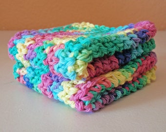 Hand Crocheted Cotton Washcloths - Handmade Green Rainbow Scrubbie Cloths, Eco Friendly Cleaning Cloth, 100% Cotton Washcloths, SET of 2