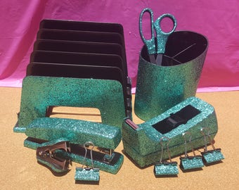 Light Green Teal Glitter Office Supplies, 10-Piece Set, School Supplies, Teacher Supplies, Teal Office Supplies, Green Office Supplies